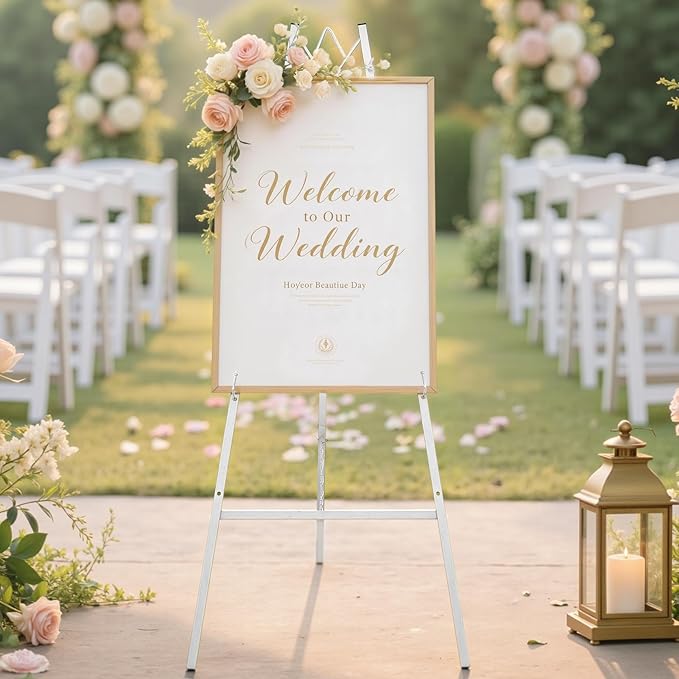 GRENTY 46.7" Easel Stand for Wedding Signs – No Assembly Needed, Heavy Duty Metal Display Stand for Art, Welcome Signs, Posters, Pictures, Paintings, and Floor Décor