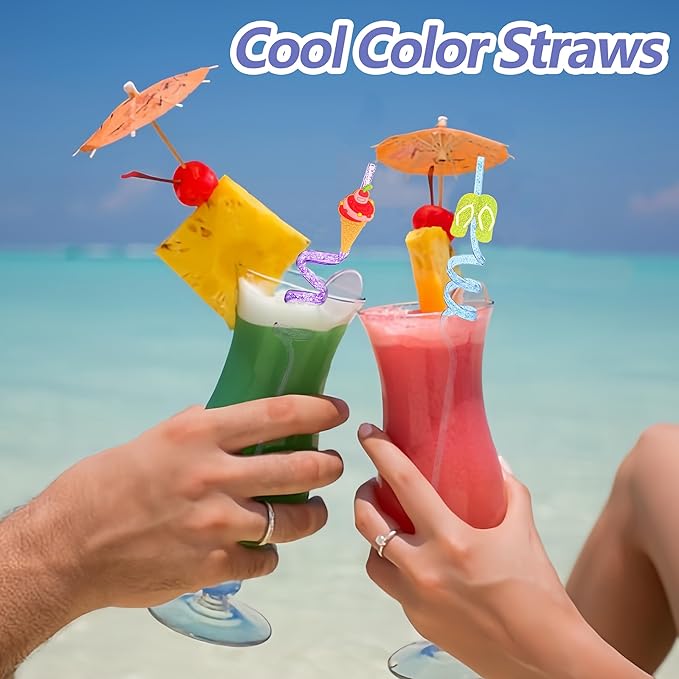 24 Beach Drinking Straws Beach Ball Pool Summer Birthday Party Supplies Decorations Glitter Pool Party Straws With 2 PCS Cleaning Brushes