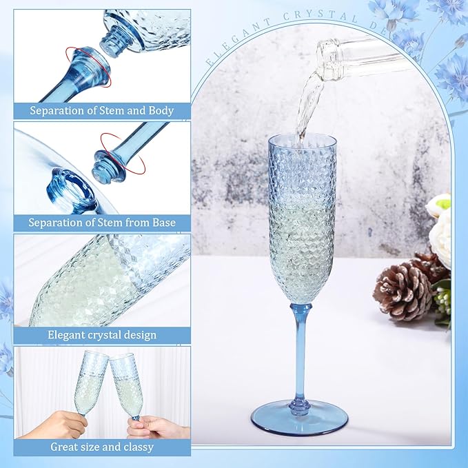 Remerry 48 Pack Detachable Plastic Champagne Flutes 5.5 oz Champagne Glasses Bulk Disposable Mimosa Glasses Reusable Wine Cups for Wedding Toasting Baby Shower Birthday Party New Years (Blue)