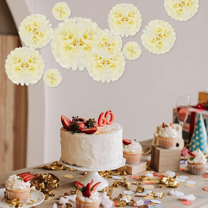 Tissue Paper Pom Poms, Ivory Tissue Paper Flowers, Hanging Flower Balls for Weddings Fiesta Parties Birthday Baby Showers Classroom Bridal Shower Decoration (20Piece Set-6/10/12/14Inch)
