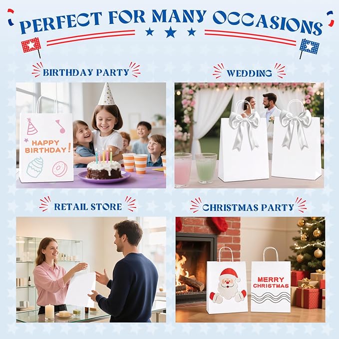 MESHA White Paper Bags whit Handles 10x5x13 Inch 50 Pack, Large Kraft Paper Gift Bags with Handles Bulk for Small Business, Shopping, Party