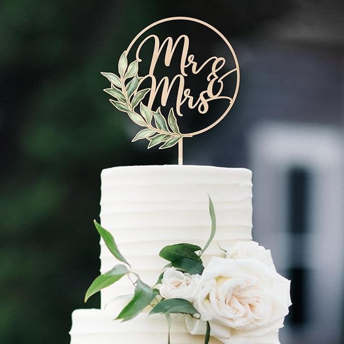 Mr & Mrs Cake Topper Greeny Wedding Cake Topper in Wood (Design 02)