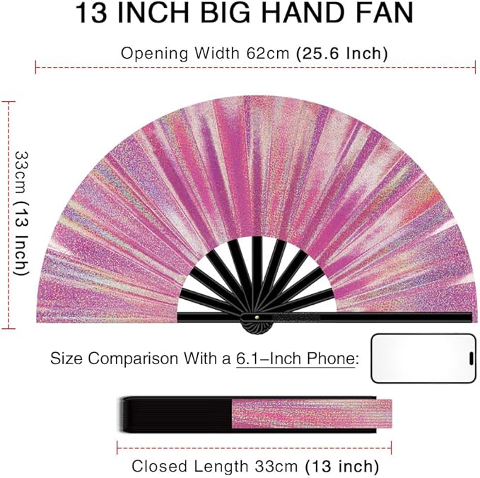 13" Large Folding Rave Fan with Holster, Clack Hand Fans Foldable for Line Dancing, Boots On The Ground Fan for Women Men Festival EDM Party Decoration, Lridescent Pink