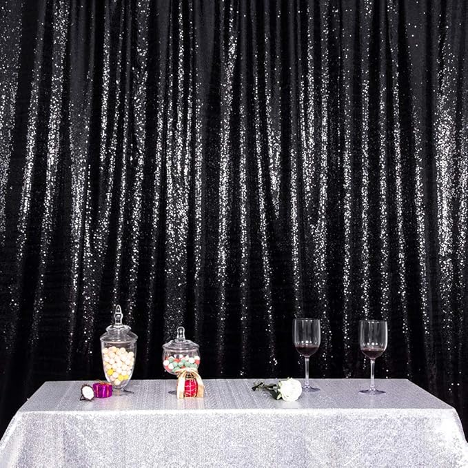 SquarePie Sequin BackdropLess See Through Thick Background Glitter Curtain for Halloween Party 6FT x 8FT Black
