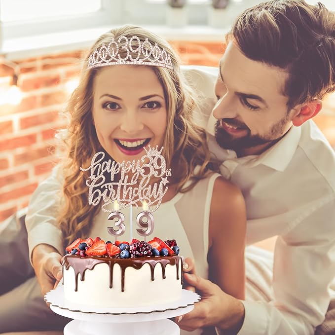39th Birthday Decorations, Rose Gold Sash, Crown, Candles & Cake Topper, Set of 6 for Women