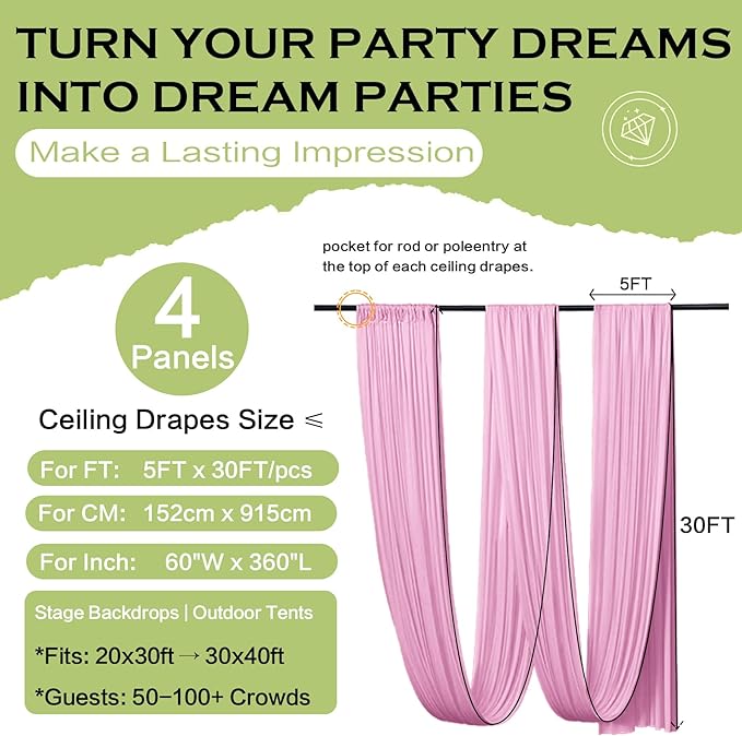 PartyVillage 4 Panels 5ftx30ft Baby Pink Ceiling Drapes for Wedding Parties – 30 FT Extra Long Thick Polyester Wrinkle-Free Drapery Tent Decor Decorations for Birthday Party Ceremony Stage Swag