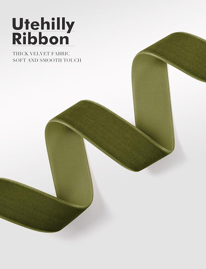 Olive Green Christmas Velvet Ribbon for Tree, Gift Wrapping, Flower Bouquet, Wreath Decorations, Bow Making 1'', 25 Yards