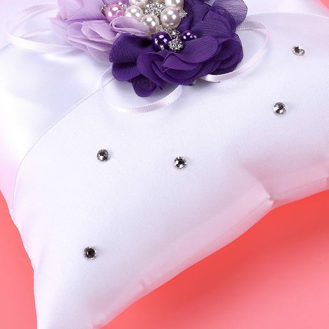 Toyvian 4pcs /Set Ring Bearer Pillow with Pearl Bowknot Flower Girl Basket Wedding Guest Book Table Pen with Pen Holder for Wedding Party Decoration Supplies (Purple Flower)