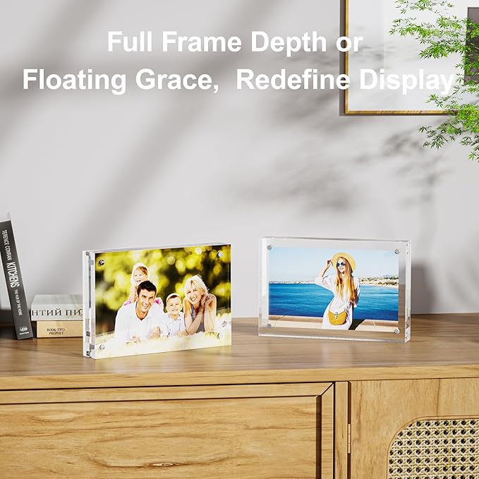 2 Pack 5x7 Acrylic Picture Frames - 20% Thicker Double Sided Magnetic Frame with UV Protection - Freestanding Clear Frameless Display for Tabletops - Modern Photo Frame Set for Home & Office Decor