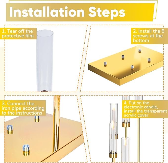 42.5'' Floor Candelabra 5 Arm Candelabra Centerpieces for Tables Gold Candle Sticks Holder 4 Set Tall Metal Candlestick with Acrylic Lampshades for Home Christmas Party (Square)