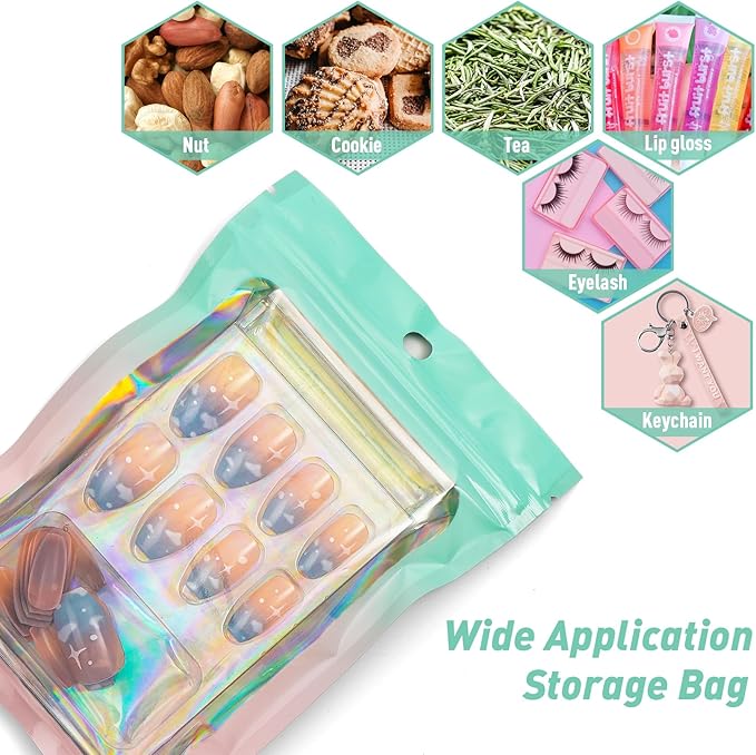 Funfery 100 Pack Gradient Holographic Bags,Mylar Resealable Bags with Zipper,Clear Window Packaging Pouchs,Smell Proof Foil Bag for Food Storage,Sample Jewelry Bag(3.5x4.7In,Green Pink)