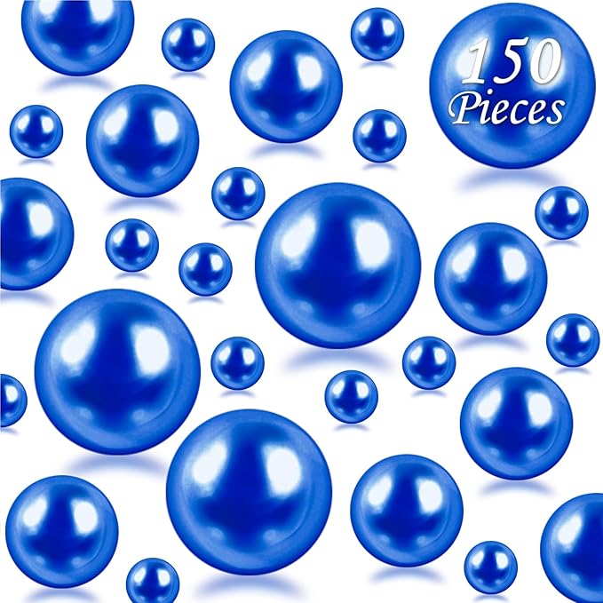 150Pcs Dark Blue Polished No Hole Faux Pearl Beads for Vase Filling Decorations, Plastic Pearls Vase Fillers, Table Scatters, Wedding Centerpiece, Home Decor, 8/14/20 mm