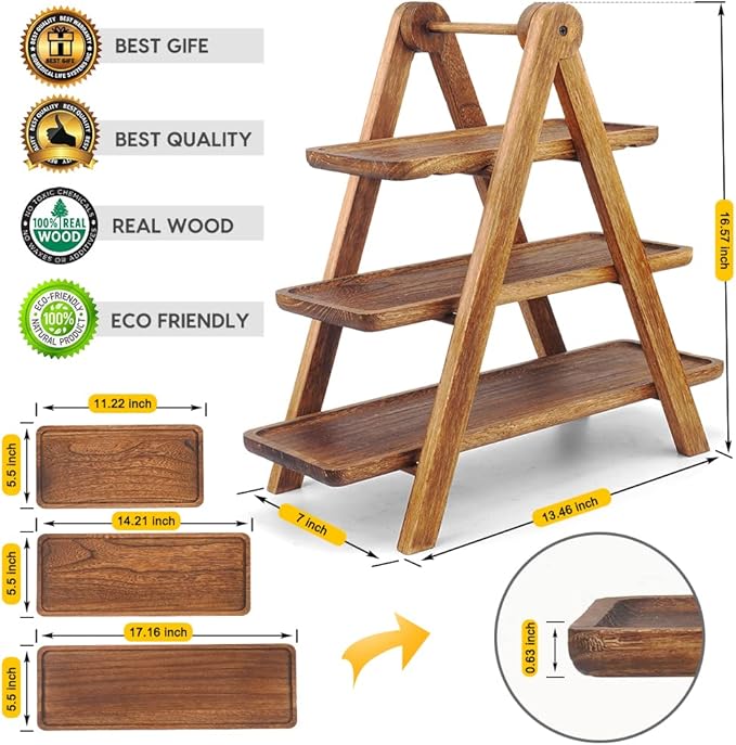 Manspdier Wood 3 Tier Serving Tray Three Tiered Serving Stand, Rectangle Serving Platter Wooden Farmhouse Tiered Tray, Party Serving Brown decorative tray tray decor