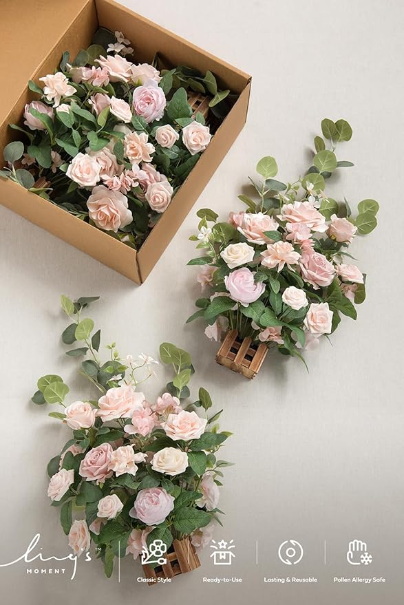 Ling's Moment 17.5" Tall Standing Artificial Flowers Arrangements 4 pcs Wedding Aisle Runner Chair Decorations Blush & Pink Centerpieces for Ceremony Reception Rose Floral Party Outdoor