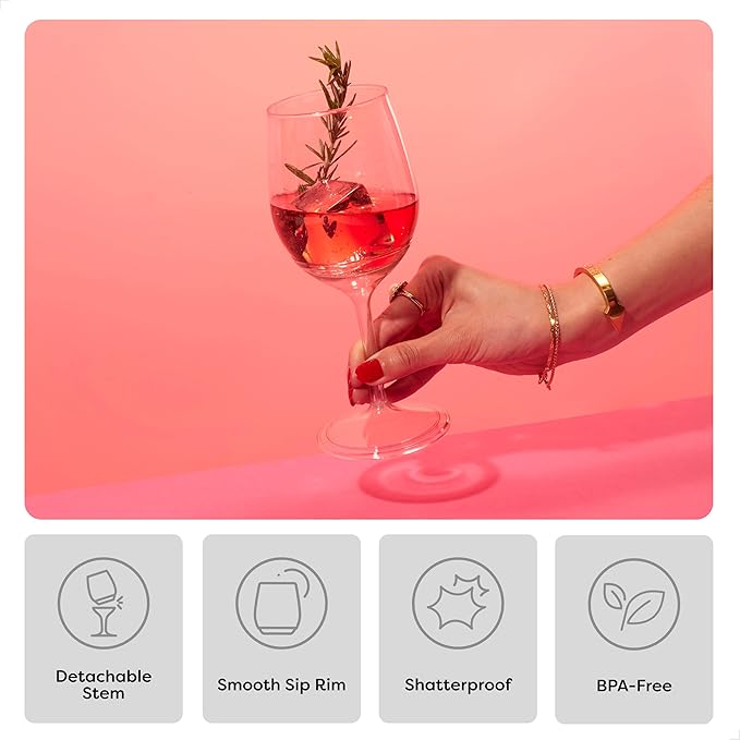 TOSSWARE POP 14oz Vino with Mix Color Stem SET OF 12, Premium Quality, Recyclable, Unbreakable & Crystal Clear Plastic Wine Glasses