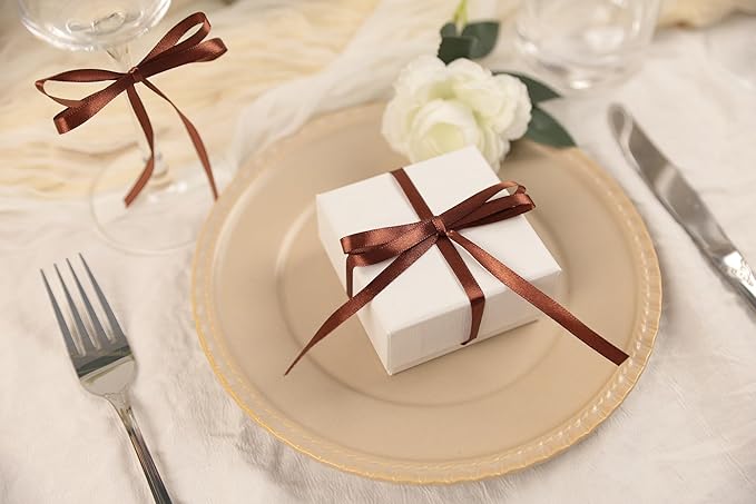 Coffee Brown Satin Ribbon 1/4 inch X Continuous 50 Yards, Single Face Polyester Ribbon Perfect for Gift Wrapping, Flower Bouquet, Wedding Decor, Crafts, Bow Making, Sewing and More