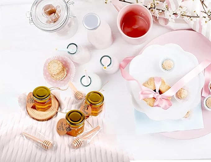 Adabocute Mini Honey Jars with Dipper - Hexagon Honey Pot Set with Gold Lid, Bee Pendants, Jutes, Gold Organza Bags and Stickers - Perfect for Baby Shower Party Favors Wedding Favors, 60 Pack 1.5oz