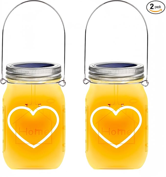 Hanging Solar Mason Jar Lights, 2 Pack Warm Heart Shape Led Lights, Solar Powered Lanterns Outdoor Waterproof, Hangers and Jars Included, Gift for Lover, Home Party Wedding Garden Patio Decor (2)