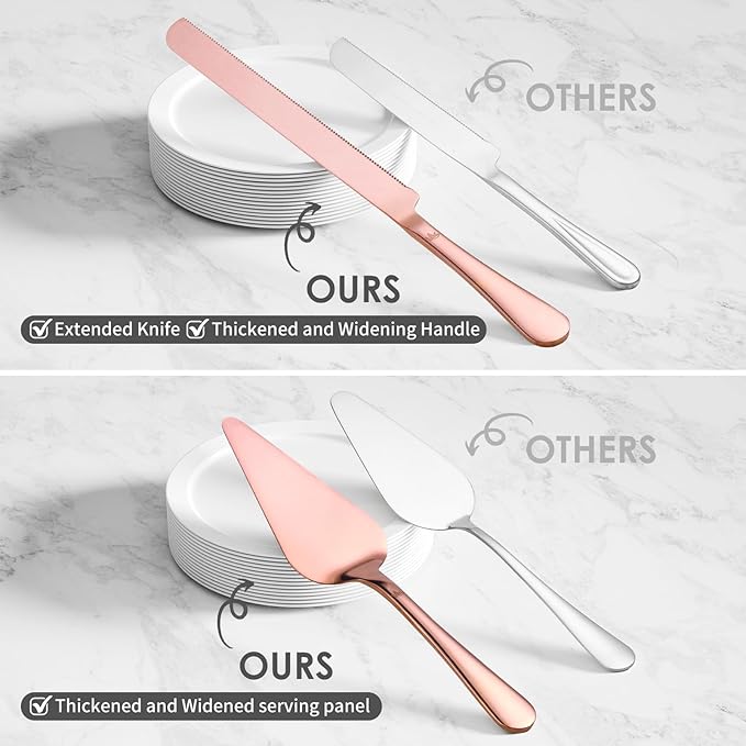 Cake Cutting Set for Wedding - Extended Cake Knife And Server Set Thickened Stainless Steel Cake Cutter and Pie Spatula Great for Birthday Anniversary Christmas Gift Rose Gold 2 Pcs