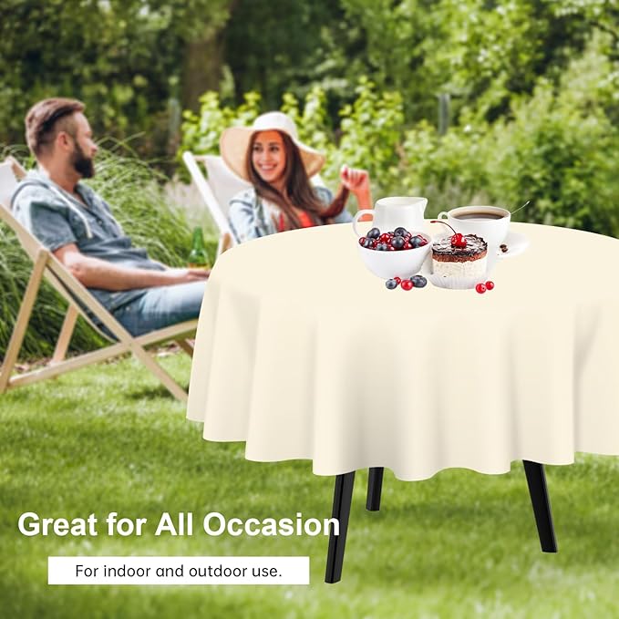 QIKSION Ivory Round Tablecloth 2 Pack, 84 Inch Plastic Table Cover Disposable for Parties