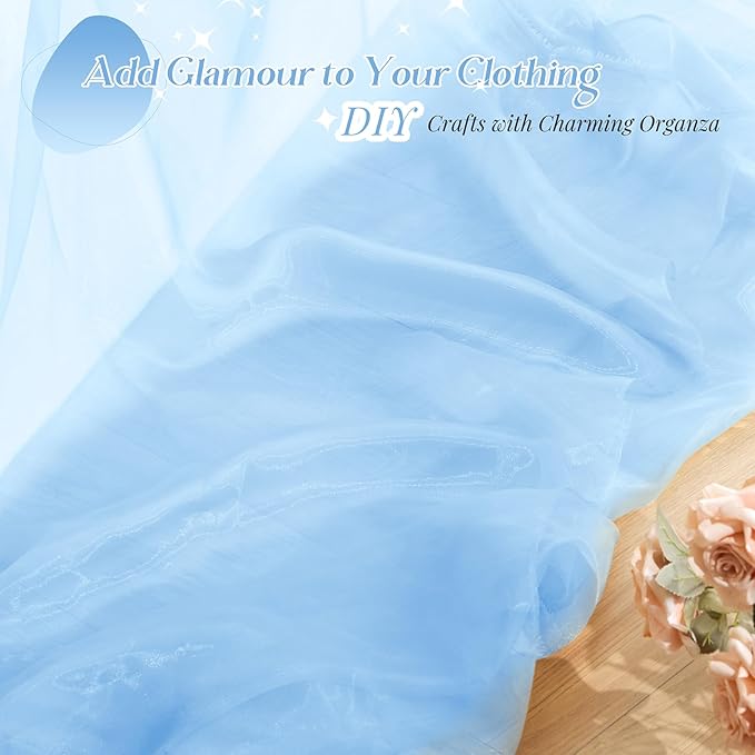 P Pothuiny Sheer Organza Fabric by The Yard, 3 Yards x 60 Inch Wide Bridal Light Blue Organza Tulle Fabric Roll Shiny Gauze Fashion Dress Sewing Craft for Wedding Party Decorations Backdrop