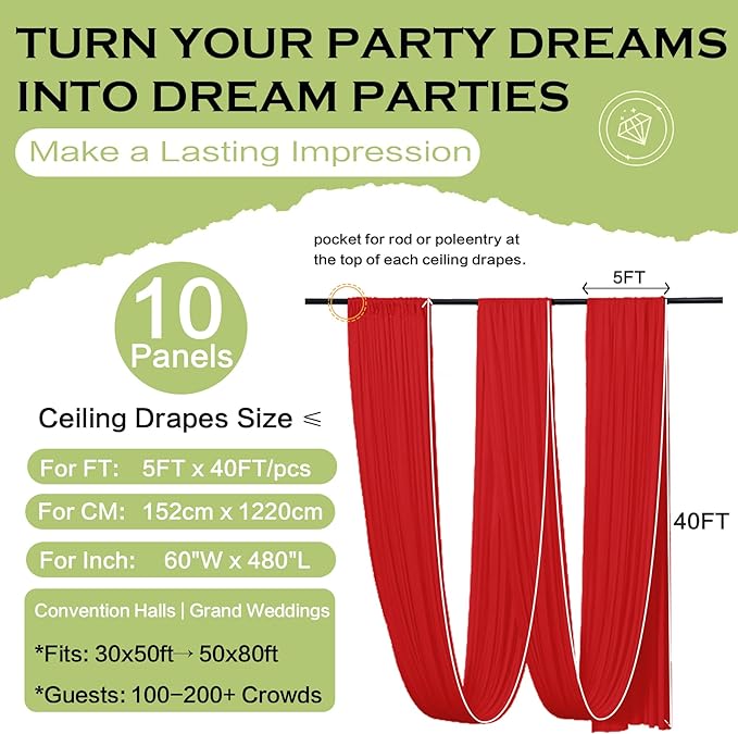 PartyVillage 50ftx40ft Red Ceiling Curtain for Wedding Parties – 10 Panels Wrinkle-Free 40 FT Long Tent Draping Curtains for Wedding, Birthday & Theme Parties, 40ft Height with Rod Pocket