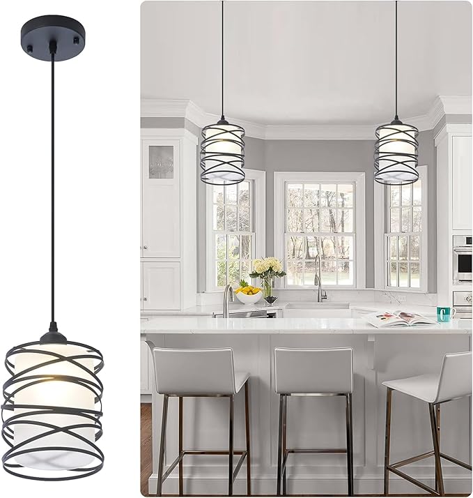 Modern Mini Pendant Light Fixture Kitchen Island Pendant Lighting 6.30''Matte Black Spiral Cage and Handblown Frosted Haze Glass Shade Hanging Lamp Adjustable Cord for Dining Room 1 Pack