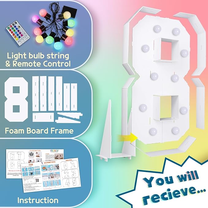imprsv 4FT Colorful Marquee Numbers,18 Colors Number 8 with Remote, Light Up Sign for 8th Birthday Decorations Anniversary Party Decor, Pre-Cut Foam Board Kit, Mosaic Sign for Balloon