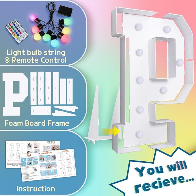 imprsv 3FT Colorful Marquee Light Up Letters P, 18 Color Light Up Alphabet Sign with Remote, Baby & Large Letters for Baby Shower, Birthday, Engagement, Wedding Party Decor