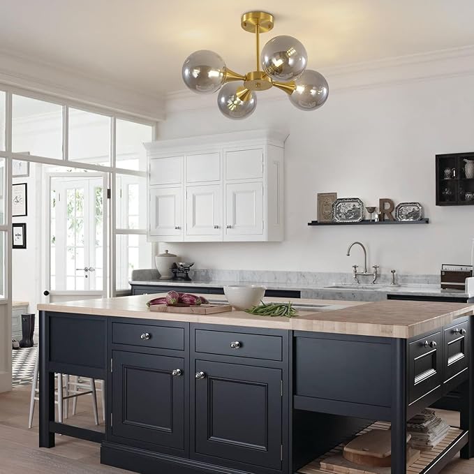 KCO Lighting 4-Lights Modern Gold Globe Semi Flush Mount Ceiling Light Mid Century Brushed Brass Schoolhouse Close to Ceiling Light Smoke Gray Glass Chandelier Lighting for Bedroom