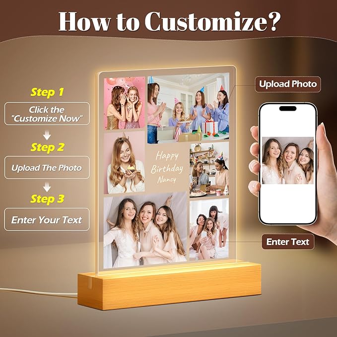 Custom Picture Frames with Photo, Personalized Photo Frame with Night Light, Customized Picture Frames, Personalized Birthday Gifts for Women, Her, Bestie, Best Friends