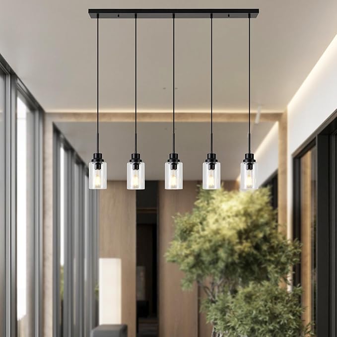 Black Dimmable Pendant Lighting for Kitchen Island, 5-Light Modern Pendant Lights for Kitchen Restaurant Living Room with Clear Glass Shade