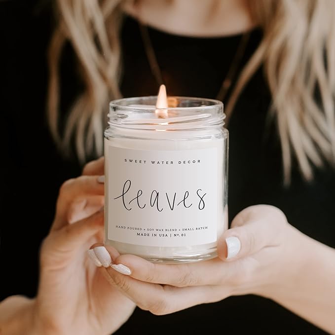 Sweet Water Decor Leaves Candle | Autumn, Cinnamon, Apple, Fall Scented Soy Candles for Home | 9oz Clear Jar, 40 Hour Burn Time, Made in The USA