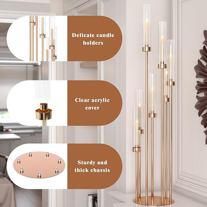 46.5'' Floor Candelabra 7 Arms Floor Candle Holders for Wedding Gold Candle Sticks Holder Decor Metal Candlestick Set with Acrylic Lampshades for Home Party (7 arm Round 46.5in)