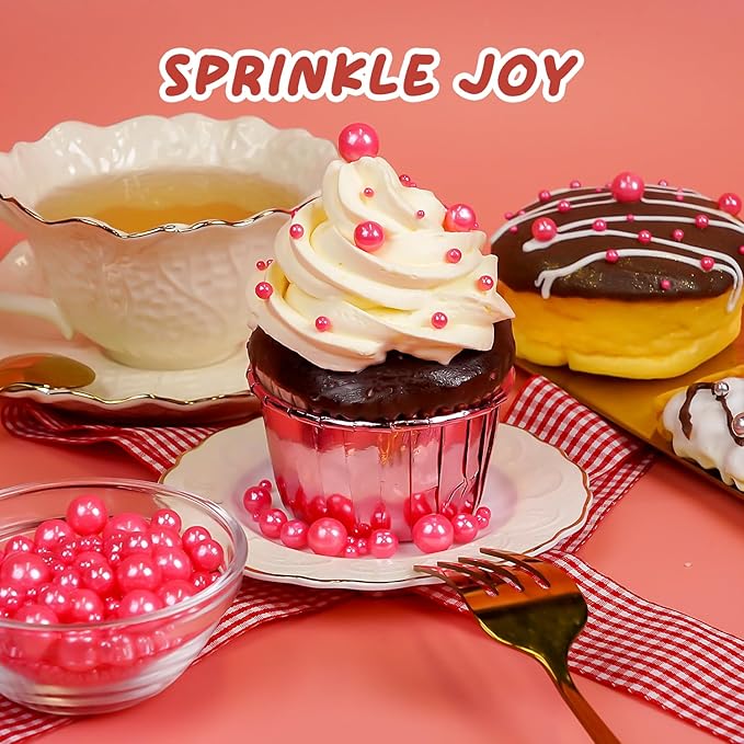 Edible Pink Sugar Pearl Sprinkles, Pearl Sugar Sprinkles, Cake Decorations, Cupcake Toppers, Ice Cream Toppings, Wedding Party Halloween Christmas Supplies,180g/6.35oz