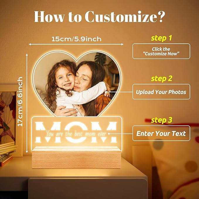 Personalized Birthday Gifts for Mom from Daughter and Son, Custom Heart Picture Frames with Photo, Personalized Photo Frame with Night Light, Customized Mom Gifts for Baby Kids Family