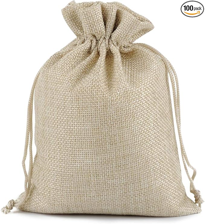 Lucky Monet 25/50/100PCS Burlap Gift Bags Wedding Hessian Jute Bags Linen Jewelry Pouches with Drawstring for Birthday, Party, Wedding Favors, Present, Art and DIY Craft (100Pcs, Cream, 7” x 9”)