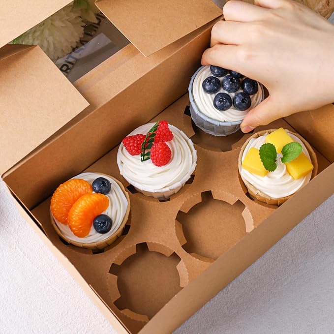 HANSGO 6 PCS Cupcake Boxes, 9.5x6.3x3.5 Inch Cupcake Containers Brown Pastry Boxes with Inserts 6 Holders for Muffins Pastry Strawberry, Party Supplies