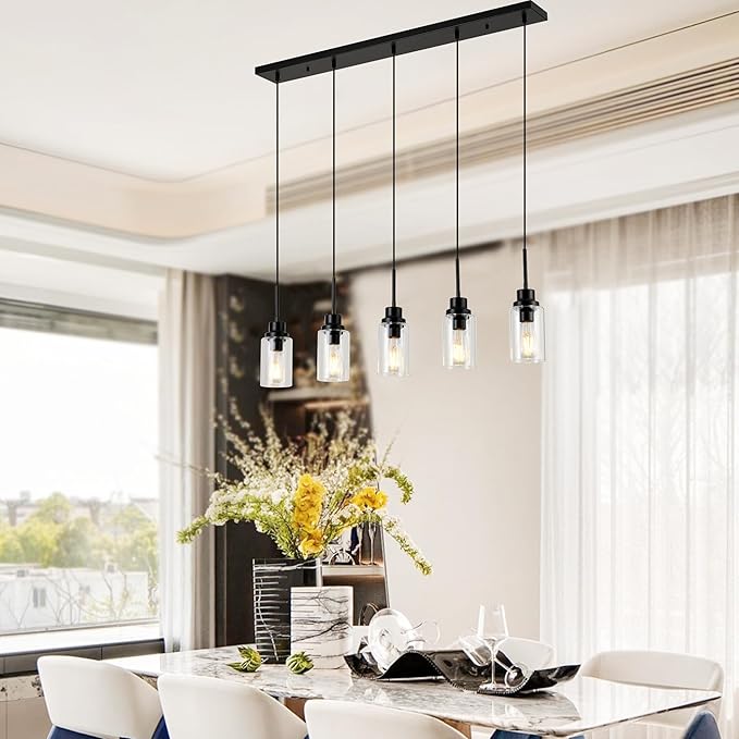 Black Dimmable Pendant Lighting for Kitchen Island, 5-Light Modern Pendant Lights for Kitchen Restaurant Living Room with Clear Glass Shade