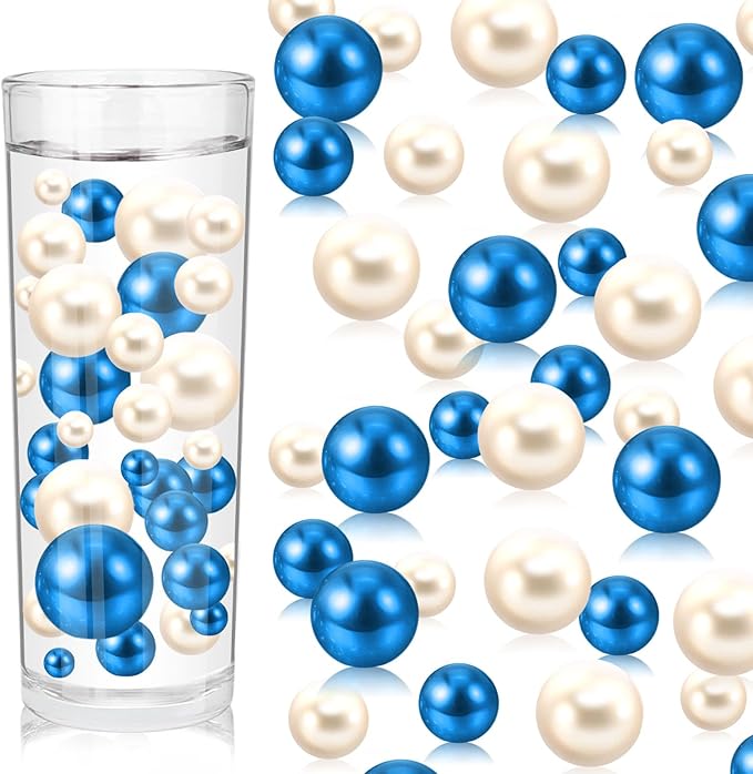 100PCS Blue White Faux Pearls Beads for Centerpiece Vases, Vase Filler Faux Pearls, No Holes Filler Beads for Party Anniversary Birthday Wedding Table Decor, 14/20/30mm