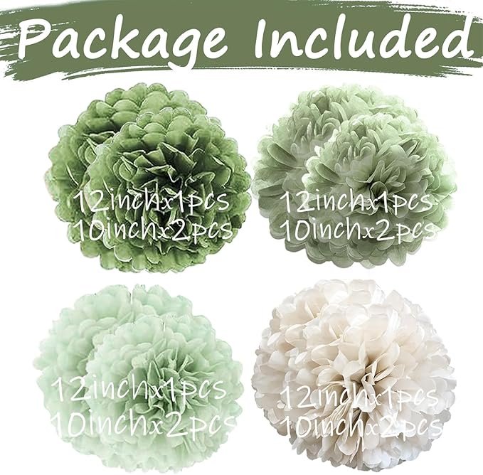 Tissue Paper Pom Poms Kit Paper Flowers 12pieces for Gender Baby Shower Wedding Bridal Bachelorette Birthday Party Decorations (Sage Olive Green)