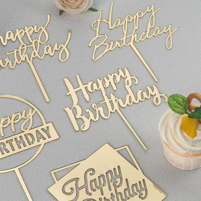 6-Pack Acrylic Birthday Cake Toppers, Minimalist Gold Happy Birthday Sign for Cake Decorations