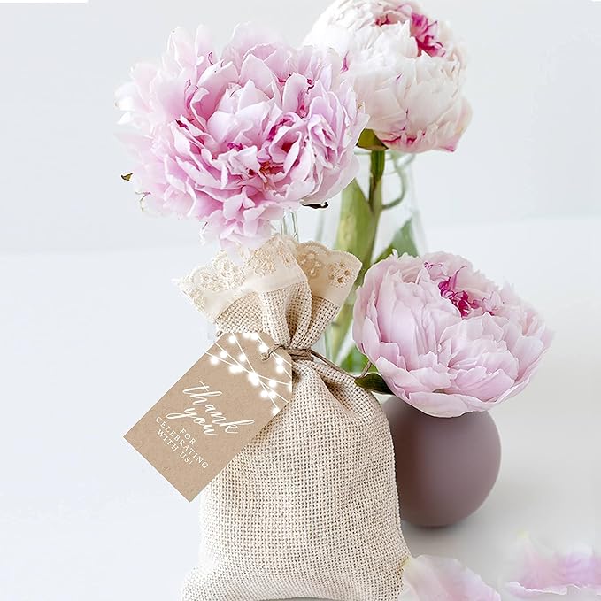 Andaz Press 100-Pack Thank You For Celebrating With Us Favor Tags Rustic String Lights Cardstock Gift Tags with Bakers Twine for Wedding Baby Shower Bridal Shower Birthday Party Favors 2 x 3.75-Inches