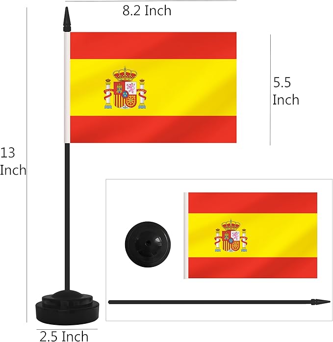12 Pack Spain Desk Flags, Spanish Desktop Flag, Small Miniature Office Flags with 12" Black Pole and Black Base, Offices, Classroom, Home, Festival Decoration (Spain)