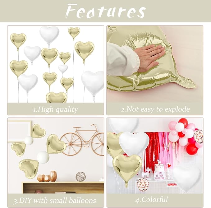 Biapian Pastel Gold Heart Balloons - 10 Pcs, 18 Inch, White Foil, Helium for Valentine's Day, Birthday, Wedding, Baby Shower Decoration