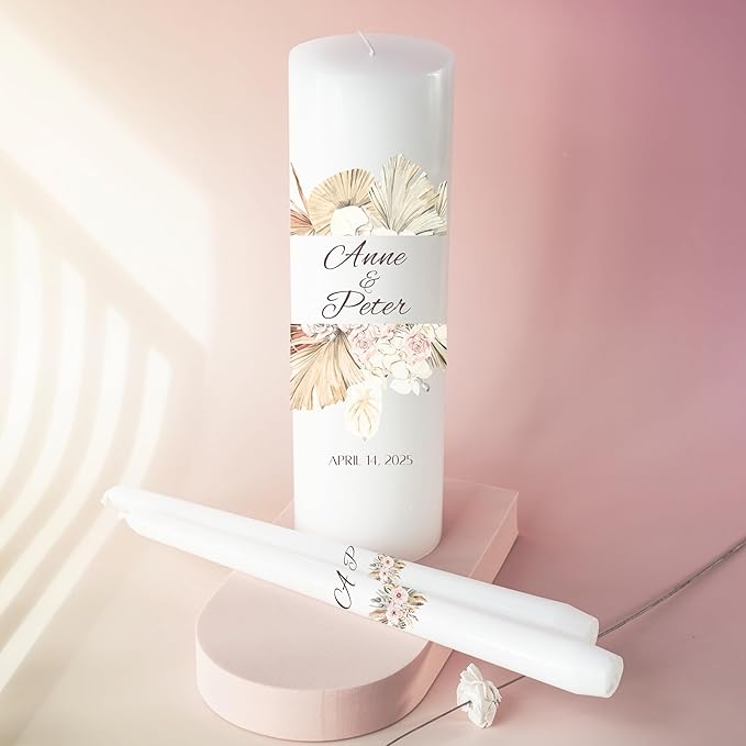 Unity Candles for Wedding, Modern Unity Set, Custom and Personalized Pillar and Taper Candles, Unscented White Premium Wax, Religious and Wedding Ceremony, Special Events (Palm)