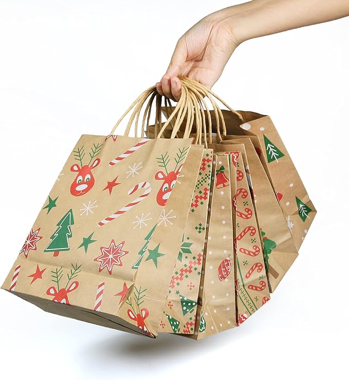 Ogrmar 24 PCS Christmas Gift Bags Kraft Holiday Wrapping Paper Bags with Christmas Prints for Holiday Party Favors Xmas Gift Box Packaging