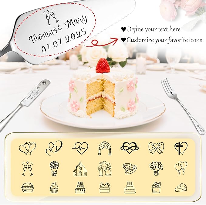 Custom Wedding Cake Knife and Server Set Personalized Cake Cutter with Engraved Text Bridal Cake Cutting Set with Gift Box for Weddings Anniversary Birthday (Silver - with fork)