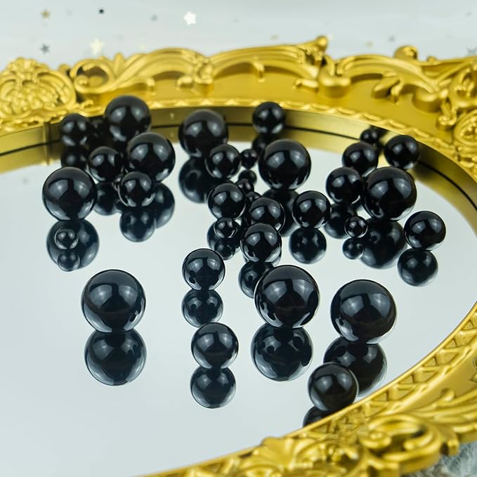 120 PCS 8/14/20mm No Hole Polish Pearl Beads for Centerpiece, Black Beads Decorative Vase Fillers, Plastics Pearls for Vases, Table Scatters, Wedding Party Decor