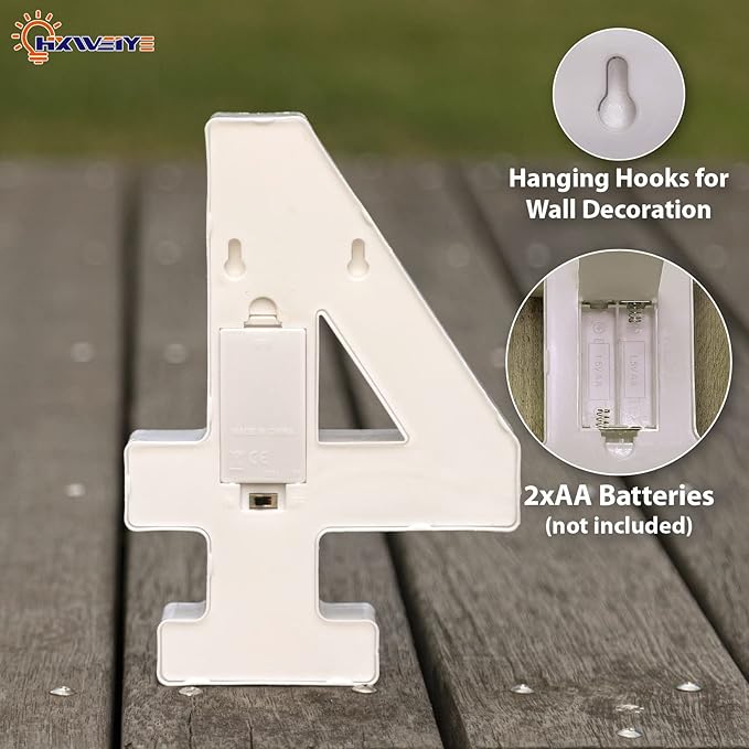 HXWEIYE Marquee Light Up Numbers-4, Led Large Numbers Letters Sign 26 Alphabet and 10 Number for Party Décor, Light Up Letters Battery Powered Warm White Christmas Decoration Numbers Light